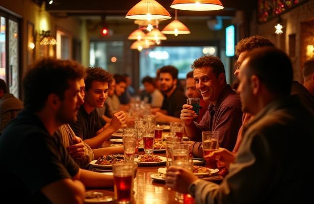 Lively tapas bar area with people enjoying drinks and small bites